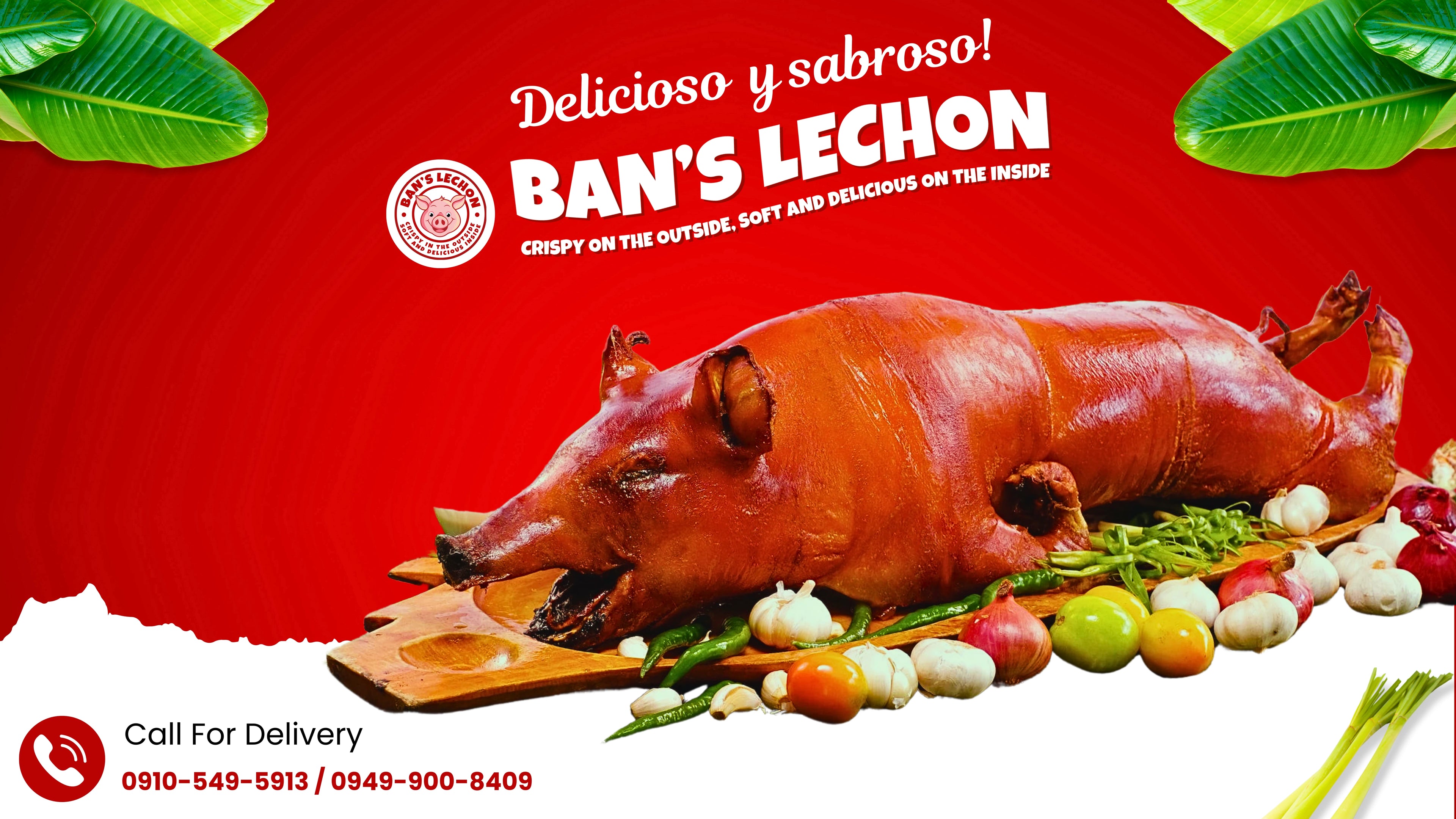Advertisement for Ban's Lechon with a roasted pig on a red background